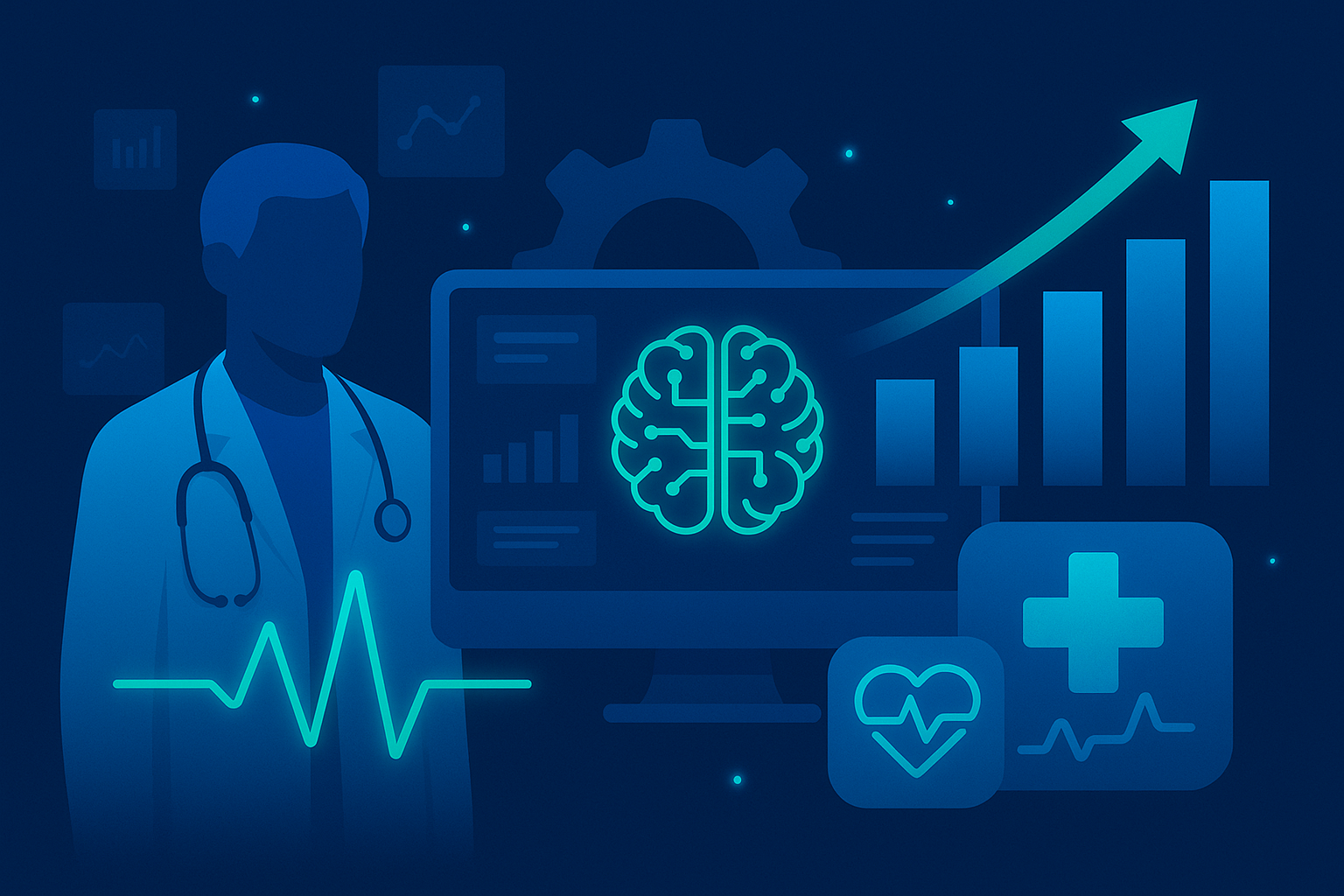 Healthcare AI analytics visualization showing doctor with AI brain technology and medical data insights